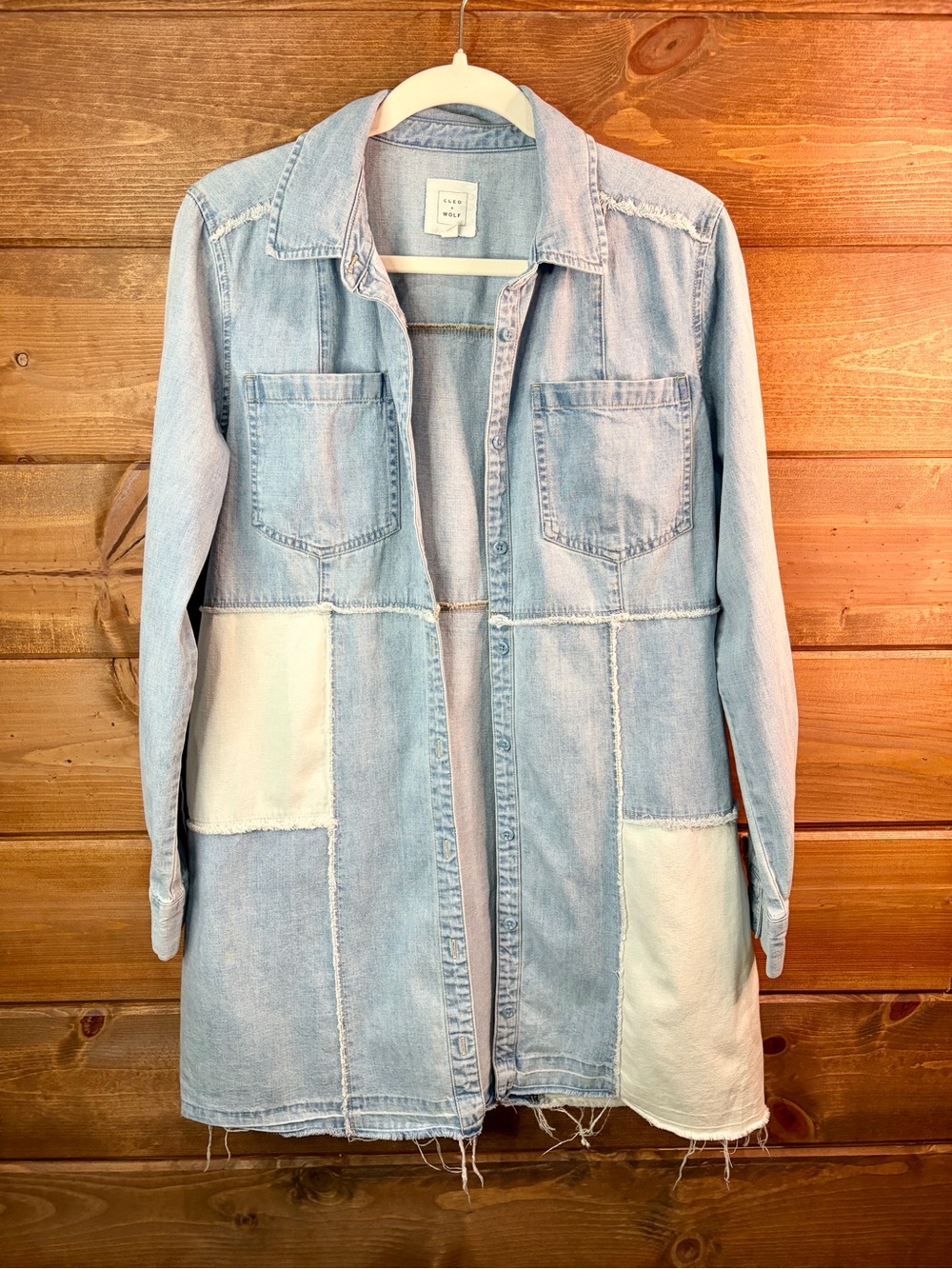 Cleo+Wolf Light Blue Patchwork Denim Jacket Shirt Shacket Size Medium 💕